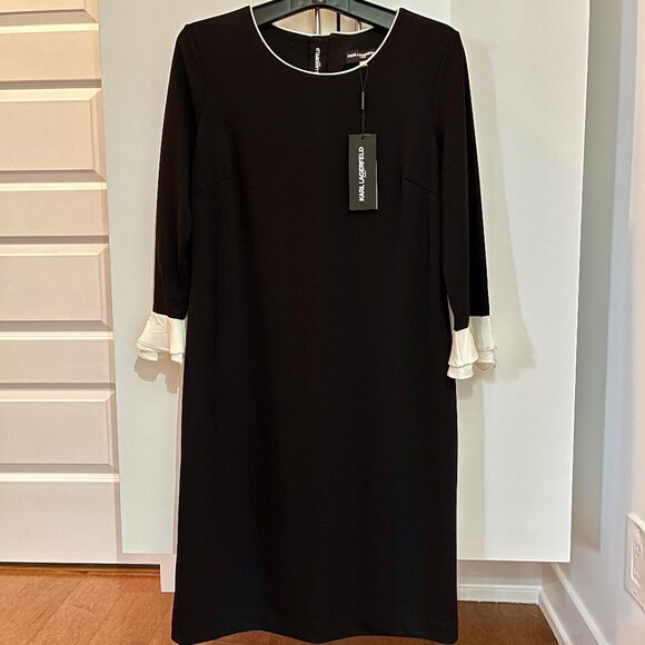 Karl Lagerfeld black dress with ivory ruffled sleeves NWT - Picture 1 of 7